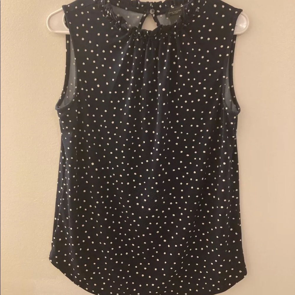 ann Taylor small polka dot blouse in navy blue